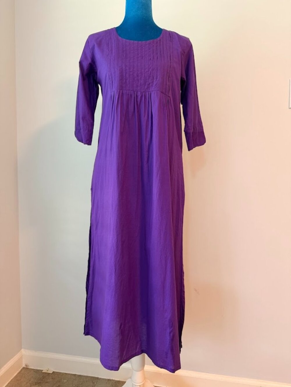 Purple Cotton Kurti Tunic Dress Pintuck Front Side Slits 3/4 Sleeve